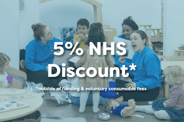 Children and staff at Monkey Puzzle Day Nursery Epping with 5% NHS discount sign.